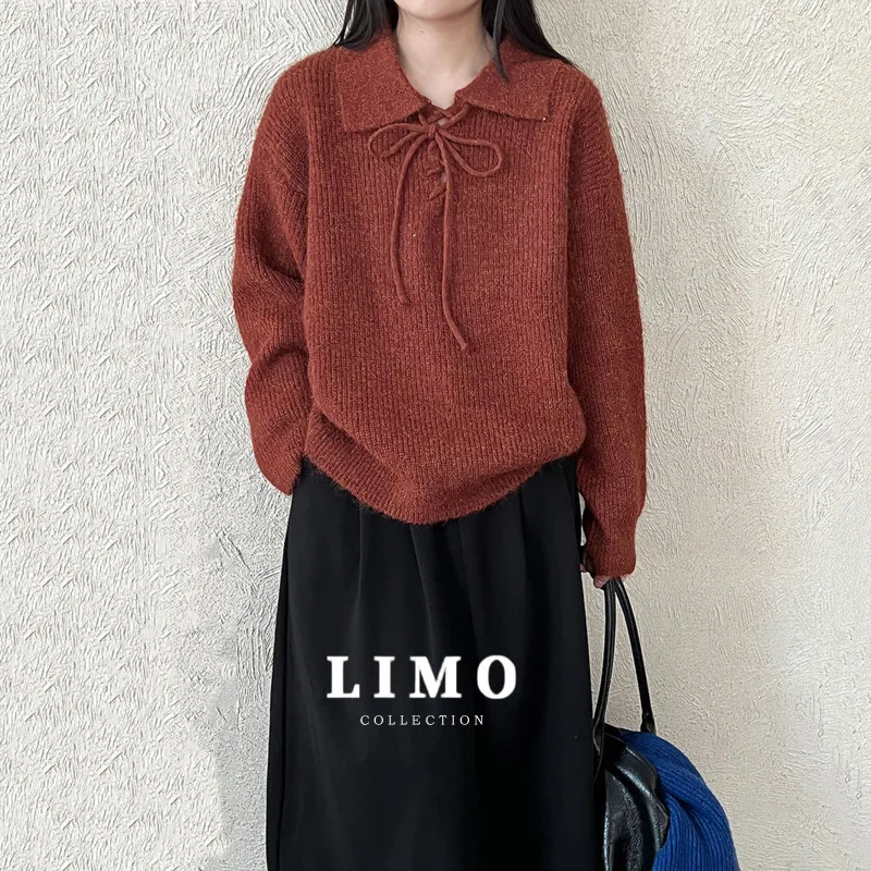 

LIMO мягкий шерстяной вязаный свитер с отложным воротником и завязками для женщин, новый осенний свитер в корейском стиле, ленивый и свободный свитер