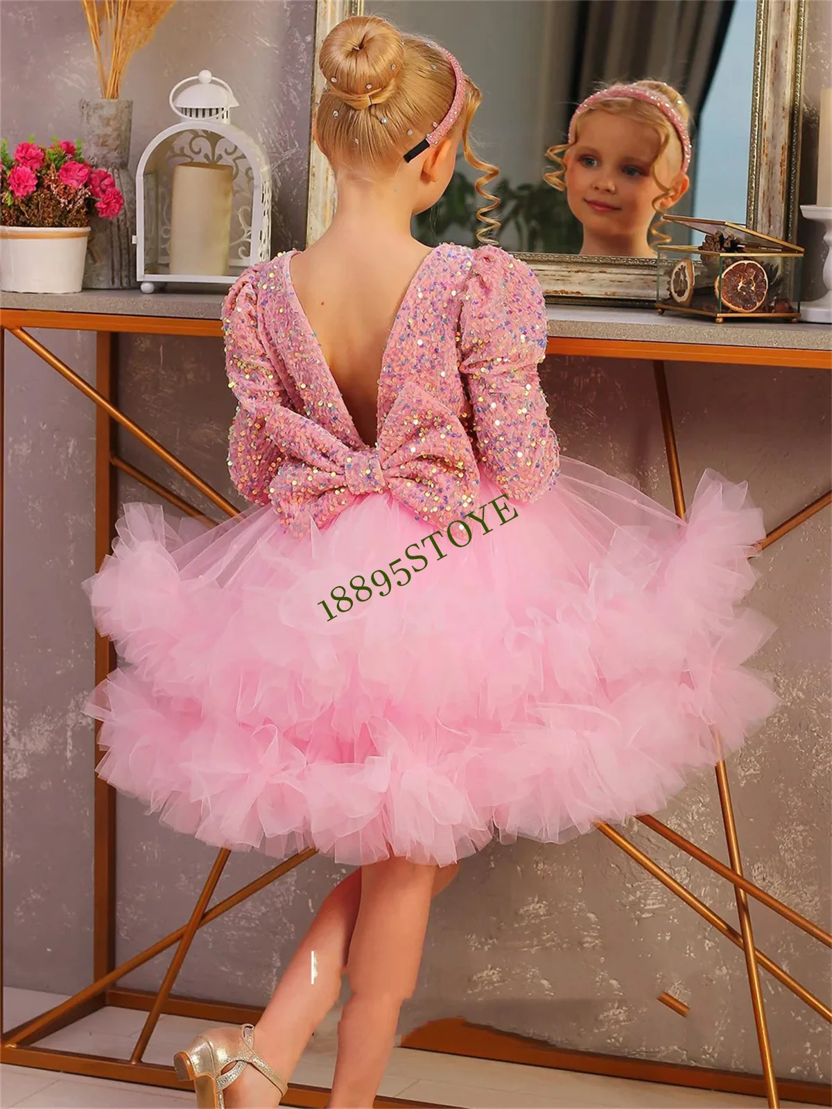 

Pink Birthday Party Dress for Girls Crew Neck Full Sleeves Sequined Tulle A Line Christmas Flower Girl Dresses Communion Gown