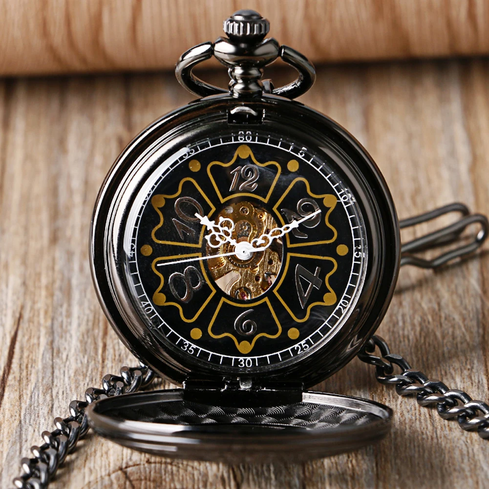 

Pentagram Openwork Case Mechanical Pocket Watch Classic Black Pocket Watch Manual Mechanical Arabic Numerals Dial Pendant Clocks