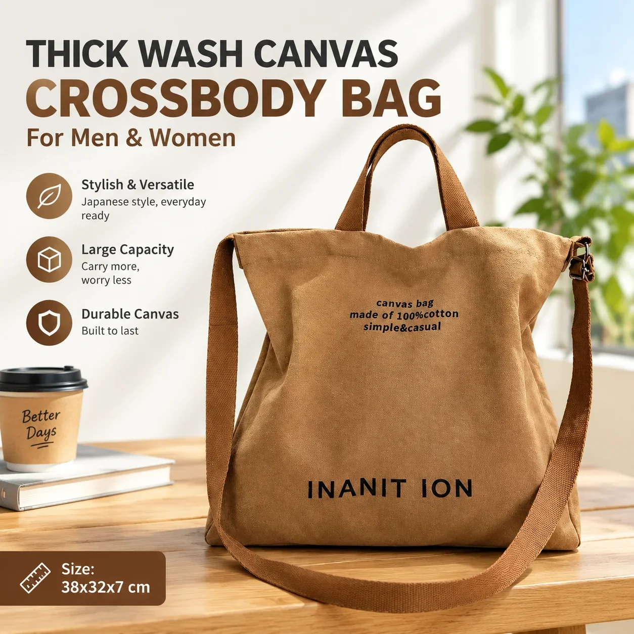Thick Wash Canvas Crossbody Bag Men Women Japanese Style Large Satchel 38x32x7 cm