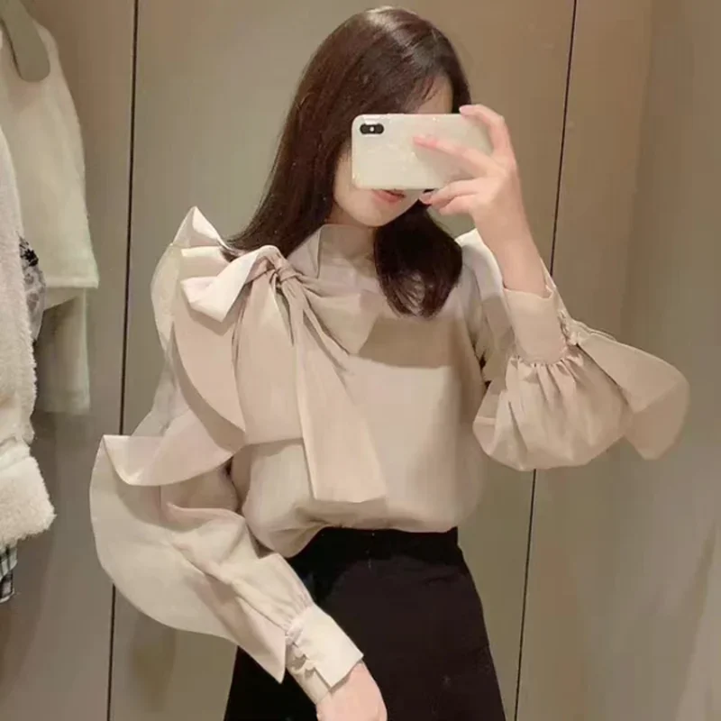 Kuzuwata 2024 Japan New Winter Women Shirt Ruffles Bowknot Lace Up Collar Fungus Edge Blouse Puff Sleeve Fashion Mujer Blusas