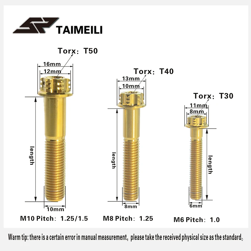 TAIMEILI Titanschraube, Flanschschraube mit Torx-Kopf, goldfarben, M6, M8, M10 x 10 mm – 100 mm, Gewindesteigung 1,25/1,5, Motorradbremse, 1 Stück. – Detail 2