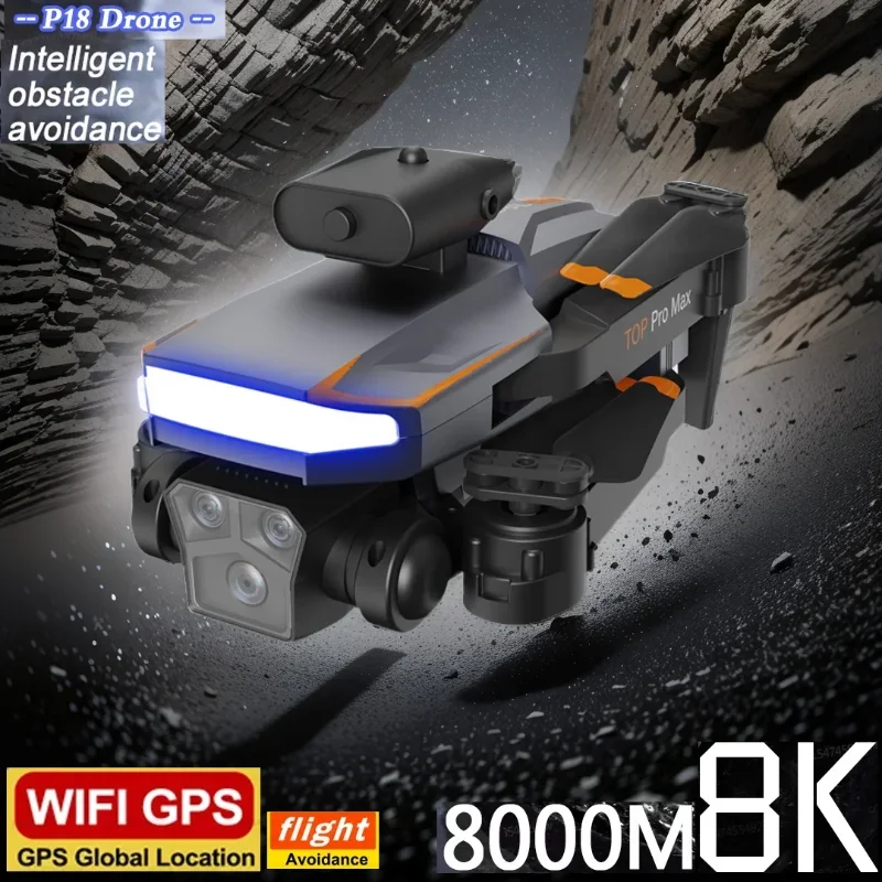 P18 8K โดรนอาร์ซี professinal GPS FPV Quadcopter กล้องสามตัวมุมกว้าง4K ลื่นไหลด้วยแสงการปรับตำแหน่งการหลีกเลี่ยงสิ่งกีดขวางสี่ทาง