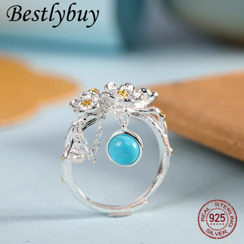 

Natural Turquoise Fashion Light Luxury Accessory Real S925 Pure Silver Small Fresh Flower Tassel Ring