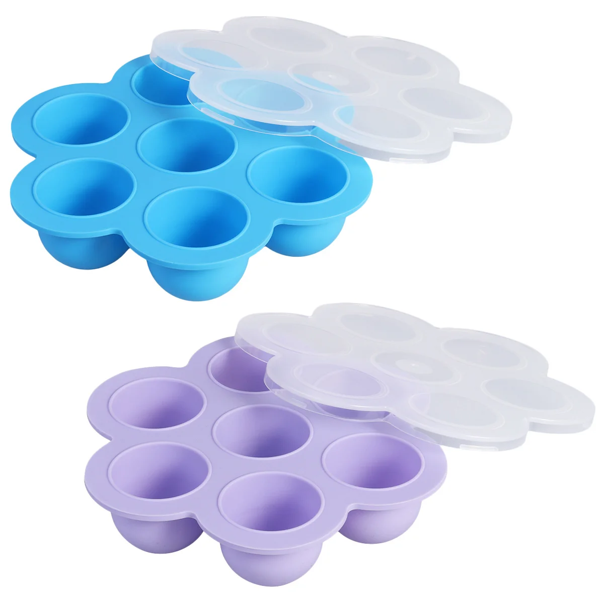 

2Pcs 140G -Grade Silicone Baby Food Storage Trays 7 Compartments Freezer Tray Clip-on Lid Blue Purple