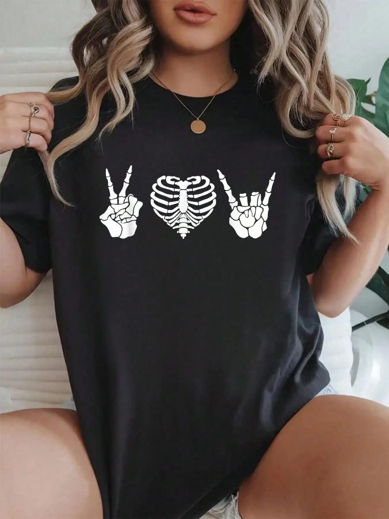 

Peace Love Rock & Roll Skeleton Hand Halloween Music Concert T-Shirt Cotton Graphic Tees Women, Round Neck Short Sleeve Casual