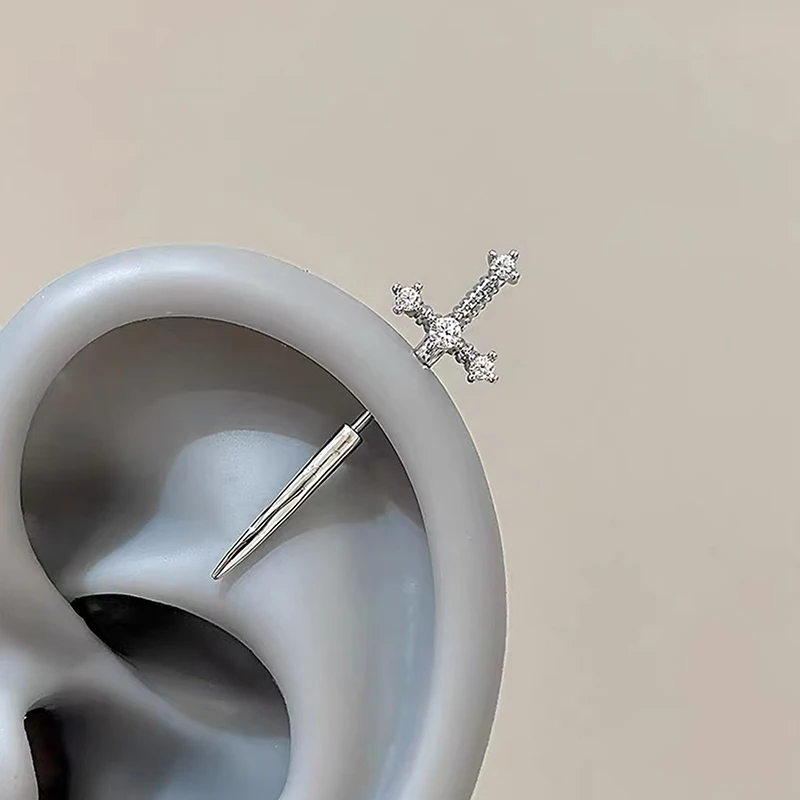 Punk Sword Shaped Rhinestone Cross Earrings Zircon Floating Helix Piercing Ear Cartilage Jewelry for Couples Women Men
