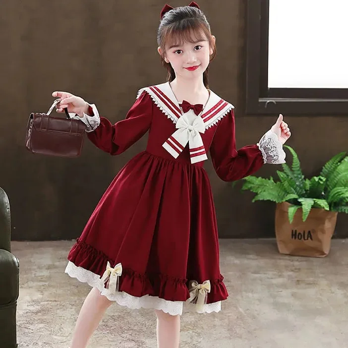 European 2024 Autumn winter girls Clothes retro teens sailor lace party bow-tie uniform Child Princess Dress 7 8 9 10 12 year