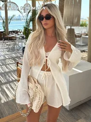 Summer Vacation Women Hollow Out Lace Up Shirt set 2024 New Female Solid V Neck Top e pantaloncini a vita alta Suit Lady Outfits