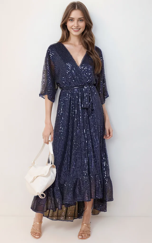 

New Fashion Ladies and Ladies Wind Elastic Waist Dress Skirt Heavy Sequined Dress Female V-neck Ruffled Skirt Design Sense Robe