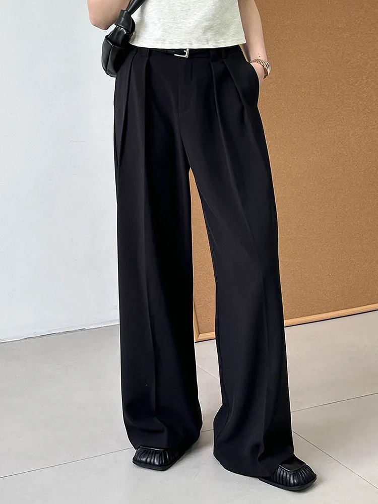 [LANMREM] Fashion Pleated Wide Leg Pant For Women High Waist Straight Loose Suits Trousers Female 2025 Spring New 26D8268