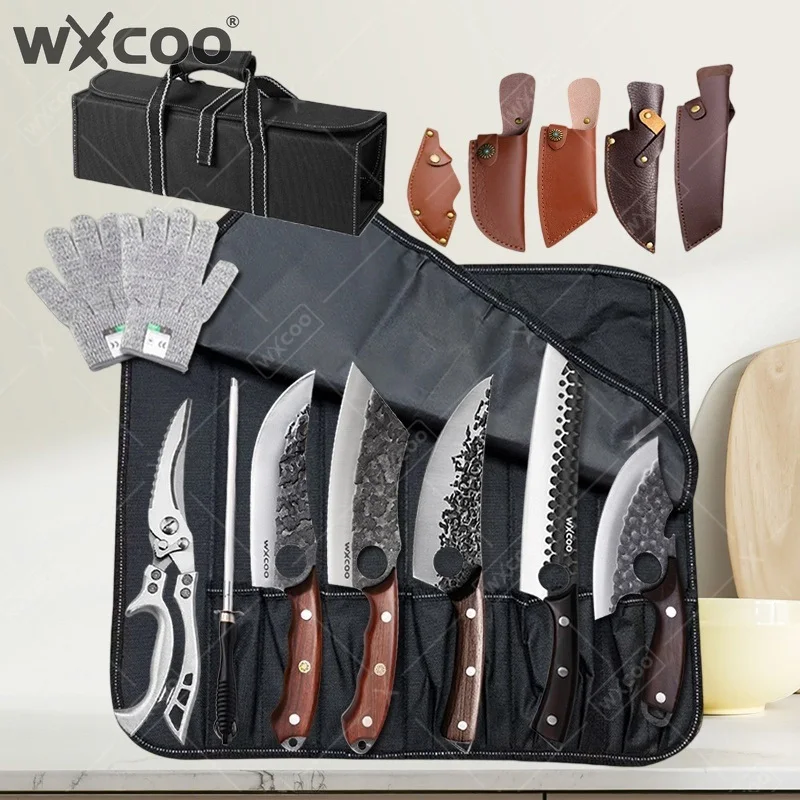 WXCOO Hand Forged Butcher Knife Stainless Steel Boning Knife for Meat Cutting Fruit Peeling Cooking Kitchen Knife Roll Storage