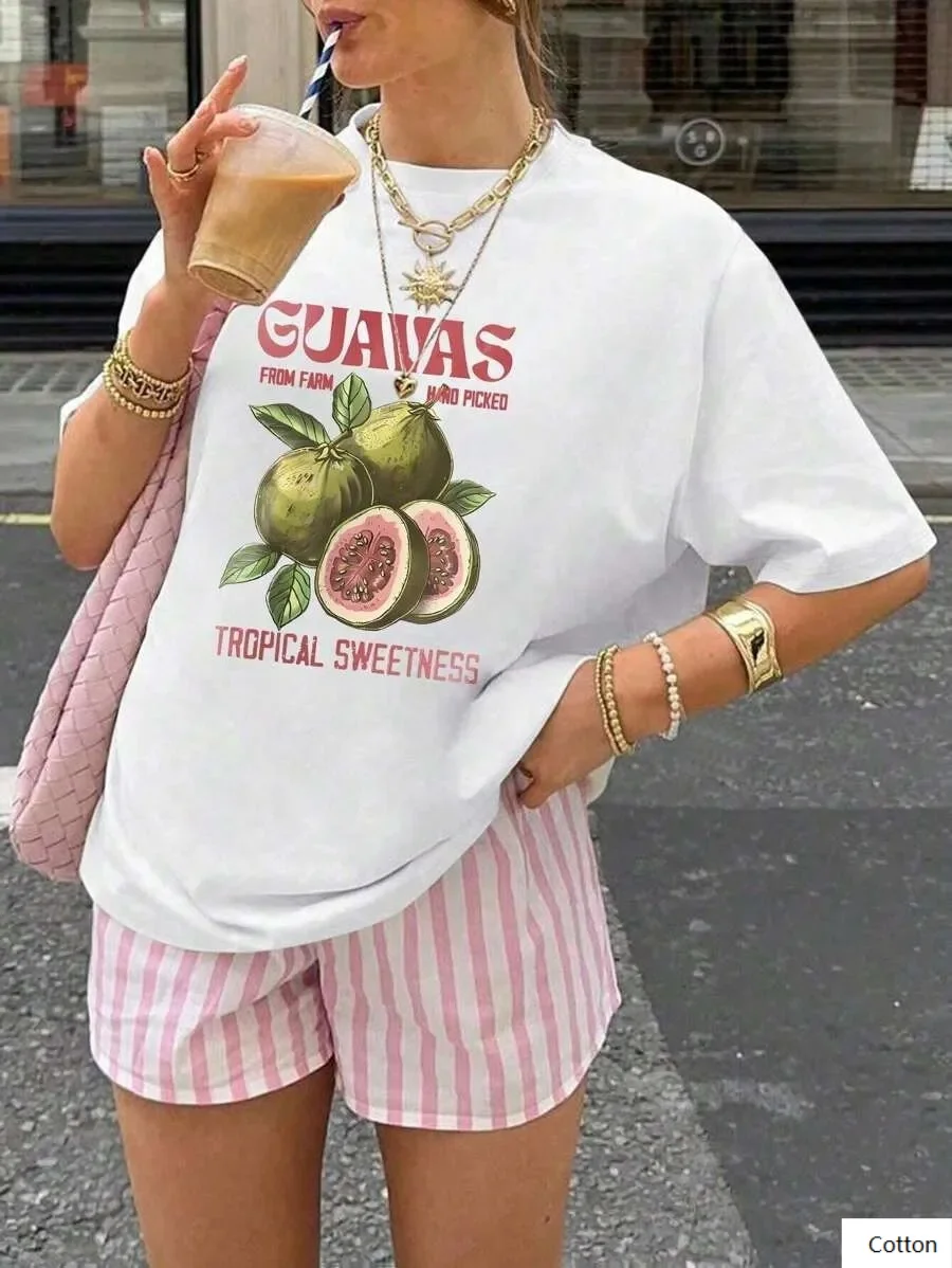 تي شيرت قطني عالي الجودة مع طباعة الجوافة وشعار استوائي يرفع أسلوبك أثناء التمتع بحلاوة الصيف المحملة S-4XL