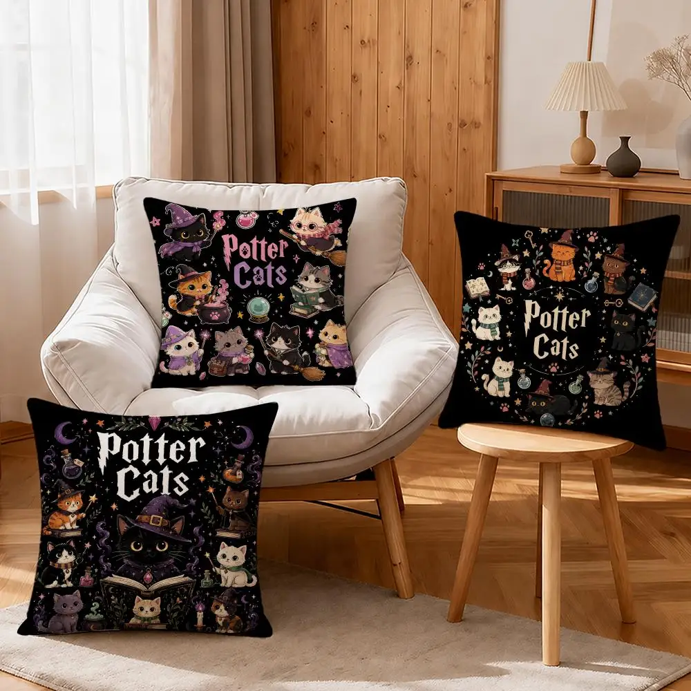 Art Casual Cartoon Potter Cats Cushion Cover Linen Anti-Mite Antibacterial Cushion Cover Invisible Zipper Sofa Decor