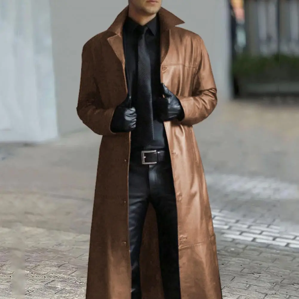 Men Faux Leather Jacket Stylish Men's Faux Leather Trench Coat with Turn-down Collar Windproof Design Slim Fit for Long