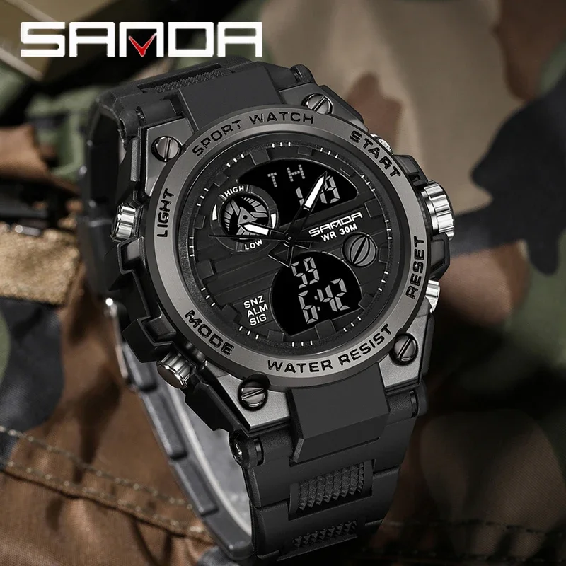 SANDA G style Double Display Men's Quartz Watch Military Outdoor Sports Chronograph Wristwatch Waterproof Date Electronics Clock