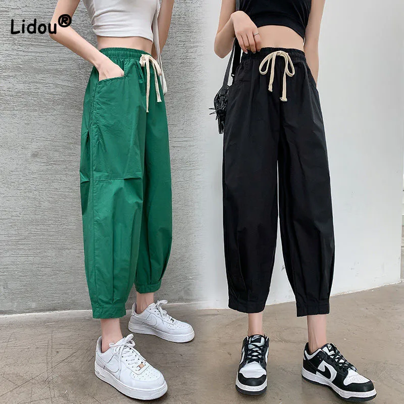 Women's Clothing Casual Loose Safari Style Drawstring Pants Spring Autumn Fashion Solid Color High Waist Pockets Cropped Pants