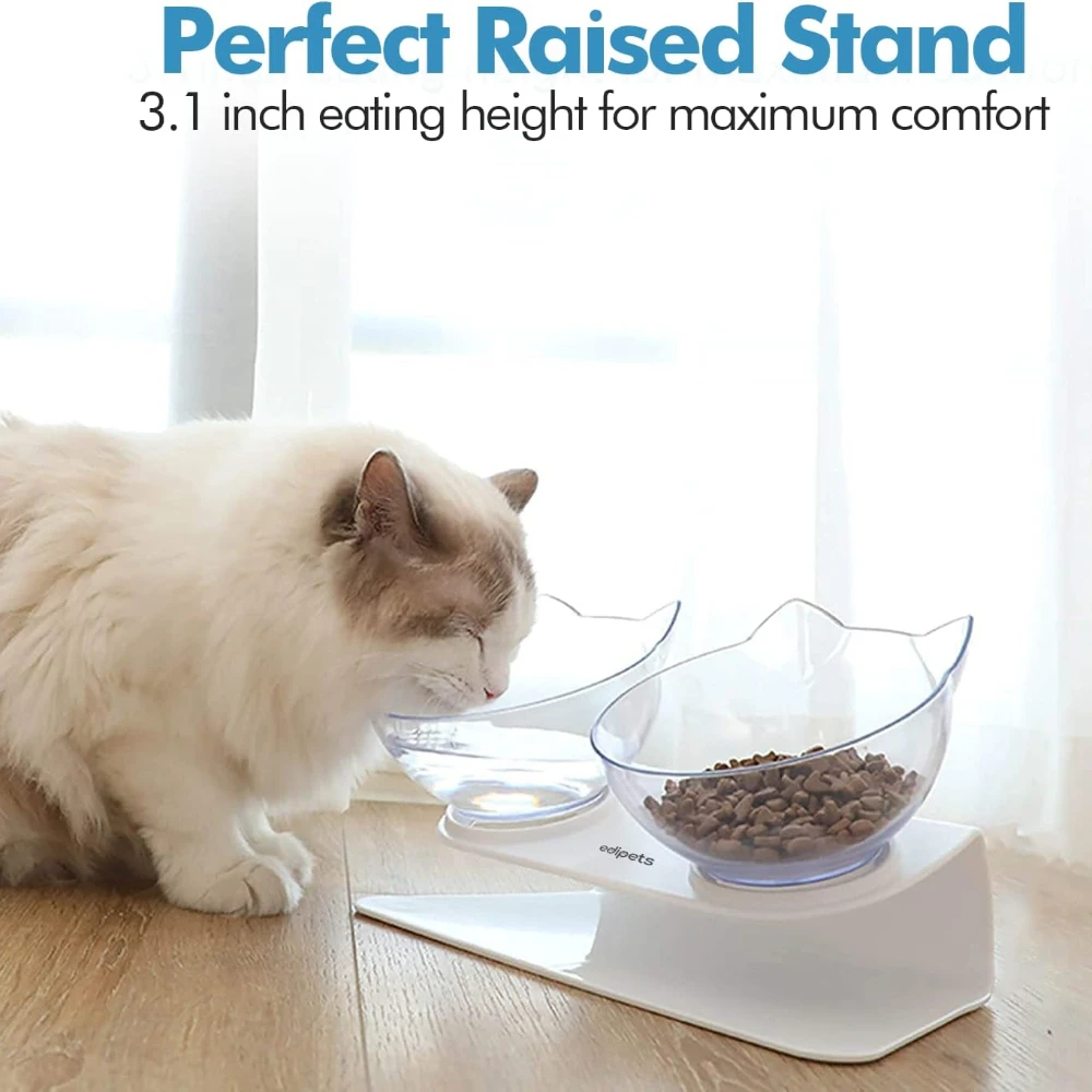 Double Cat Pet Feeding Bowls Food Bowl 15° Tilting with Stand Anti-Swing Kittens Elevated Puppy Dog Food and Water Raised Bowls