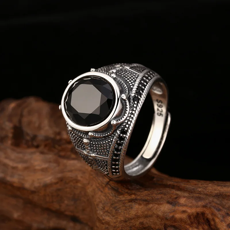 S925 Sterling Silver Black Zircon Adjustable Ring Punk Style Sword Old Process Free Size Women Fine Jewelry FYRNG166