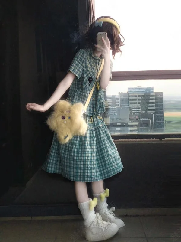 

College Style Green Plaid Shirt Dress Women's New Summer Beautiful Cute Student Two-Piece Set Short Sleeve Neck