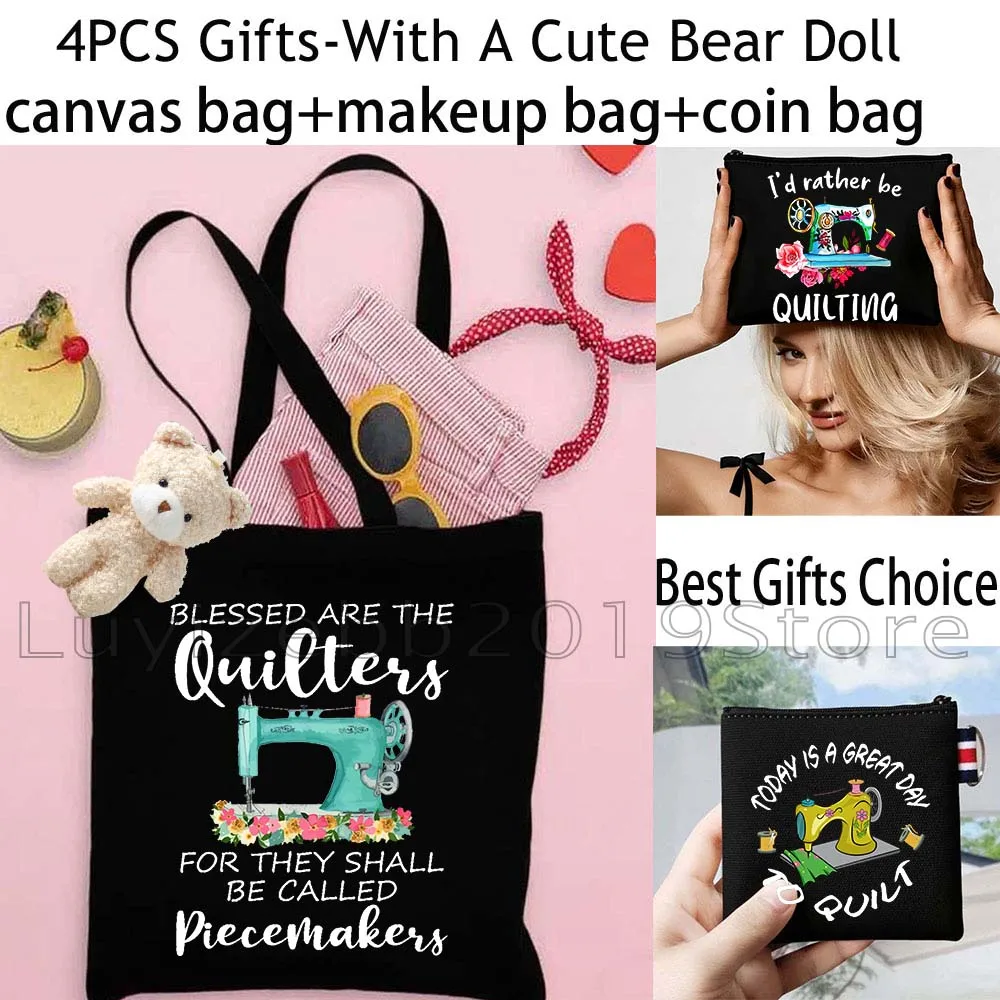 4PCS Gifts Black Funny Sewing Machine Lover Shopper Canvas Tote Bag Handbag,Cosmetic Makeup Bag,Coin Purse Wallet Zipper Pouch