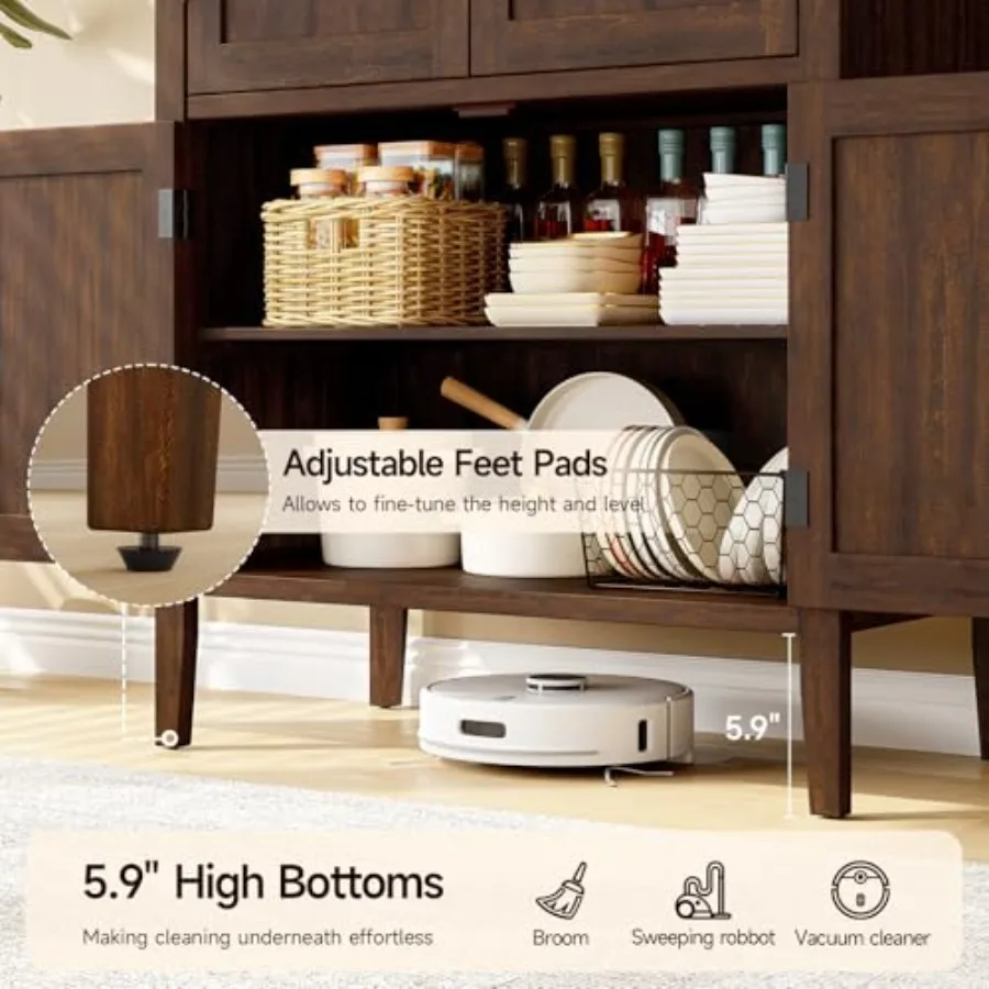71 Tall Wooden Arched Cabinet for Kitchen Pantry Use, Natural Wood Finish with Adjustable Feet, Farmhouse Style 5-Tier Storage view 4