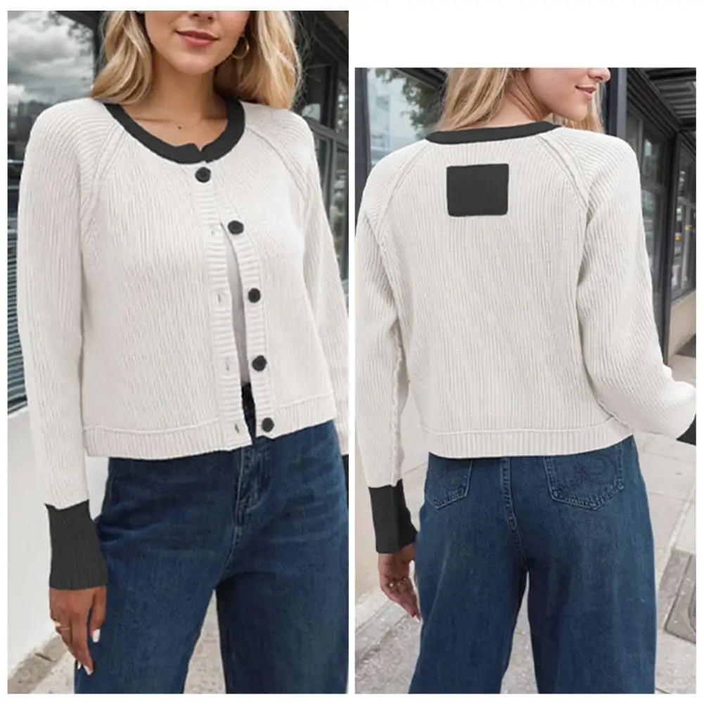 Crew Neck Cardigan with Front Button Stylish Ribbed Sweater Coat Color Block Cardigan for Women Button-up Knitted Jacket