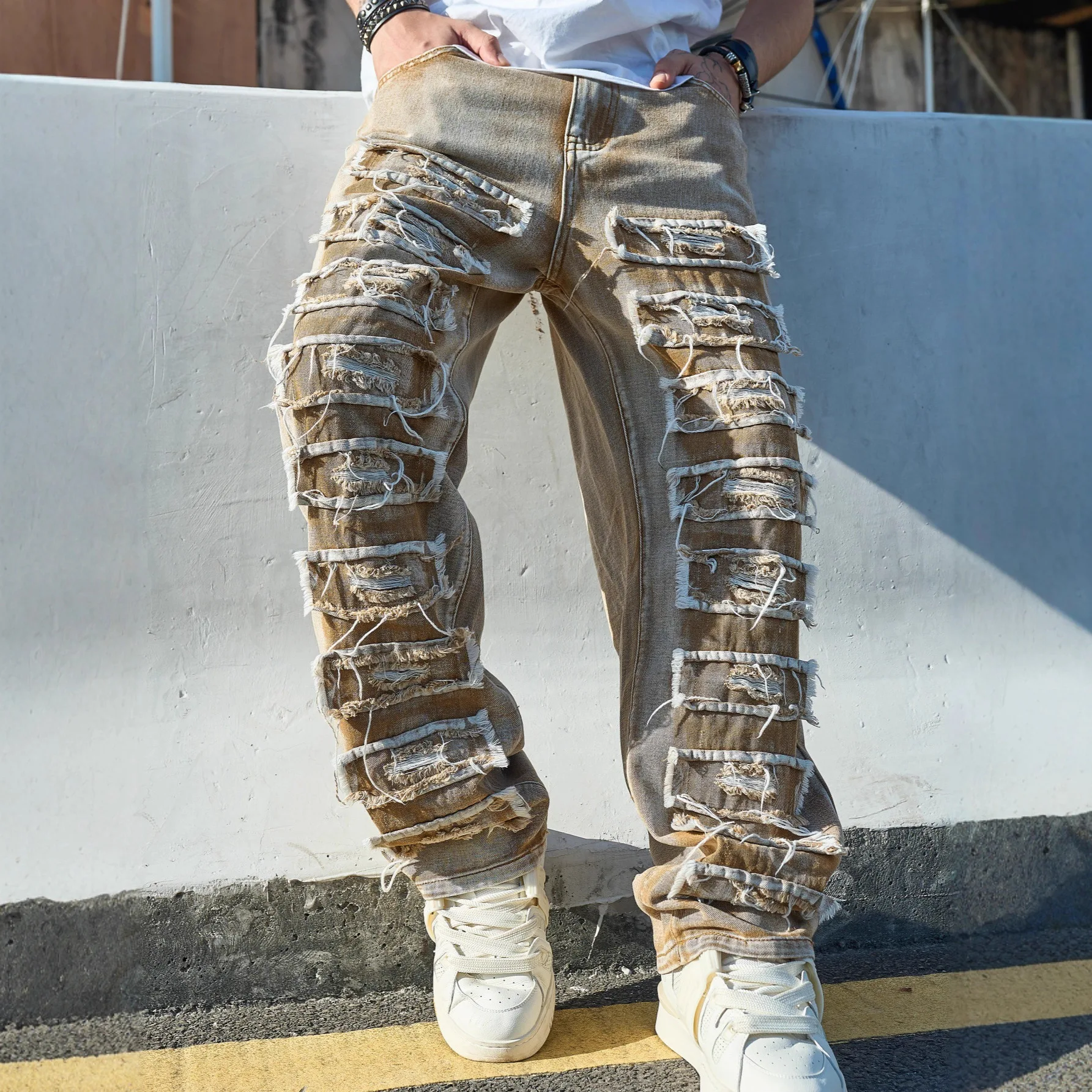Ripped Jeans Men's High Street Trendy Brand American Retro Personality Hip Hop Street Washed Loose Pants