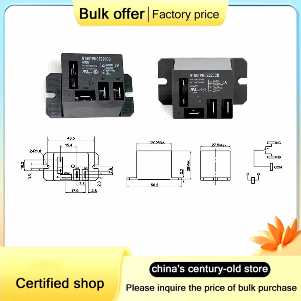 Relais de compresseur de climatisation, AC220V, NT90TPNCE220CB, NT90TPHCE12CB, DC12V, 40A, lot de 2 à 5 pièces