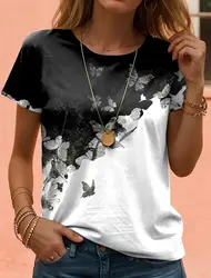 Fashion Summer Butterfly Biased Stitching 3D Printed T-shirt Women Street Casual Harajuku T Women's Round Neck T-shirt Clothing