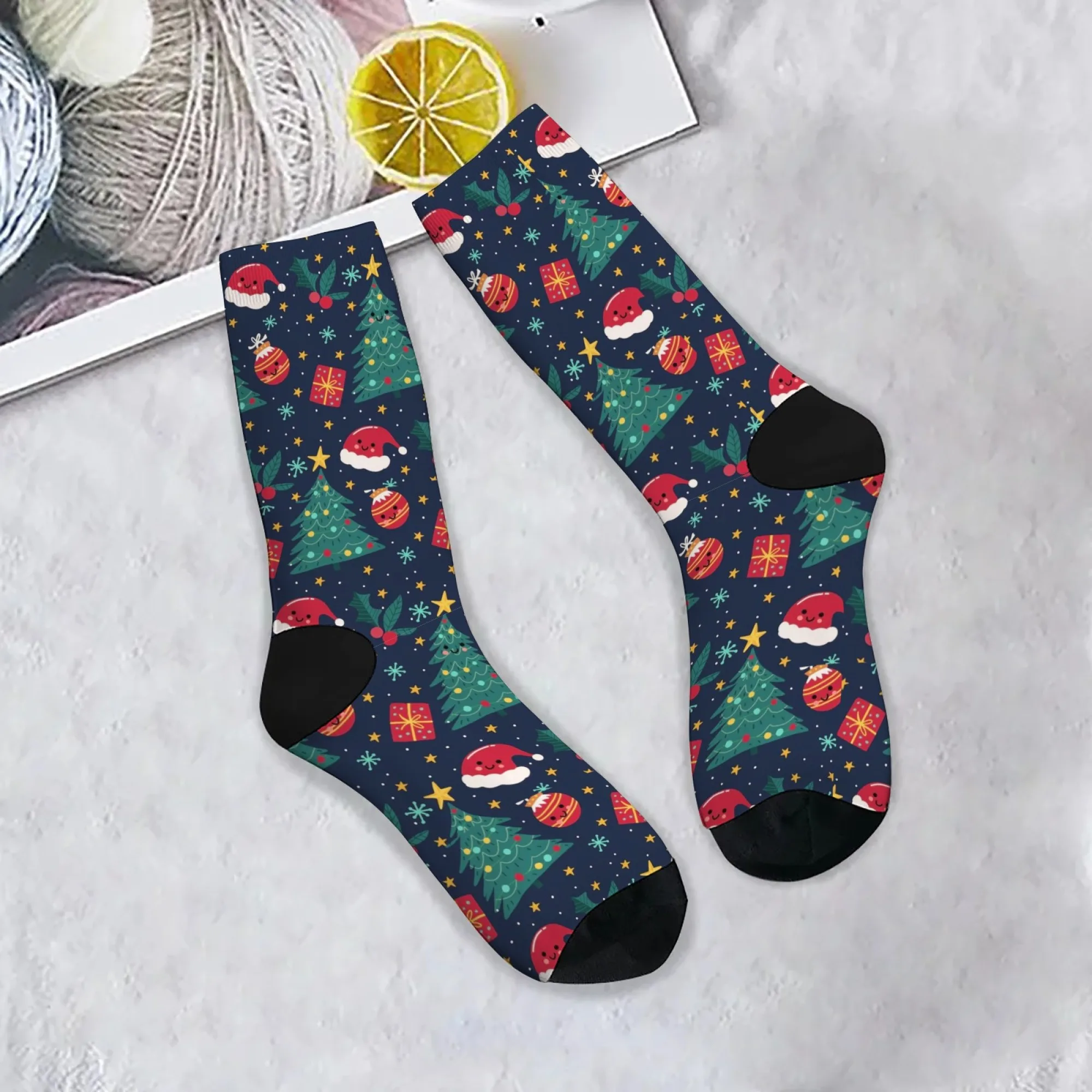 

Christmas Crew Socks with Trees Hats Gifts & Decorations Vintage-Inspired Print for Retro Holiday Styles & Collector Gifts