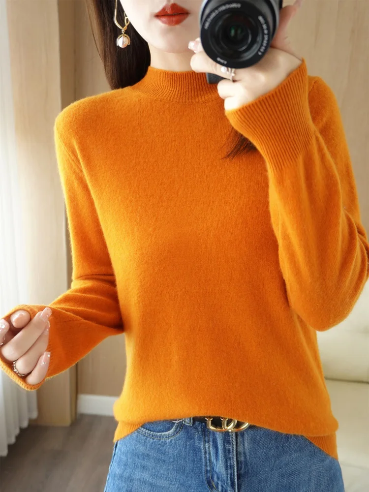 

New Arrivals Wool Women's Sweaters Long Sleeve Polo Collar Pullovers High Elasticity Slim Fitting Knitted Jumpers Fashion Trends