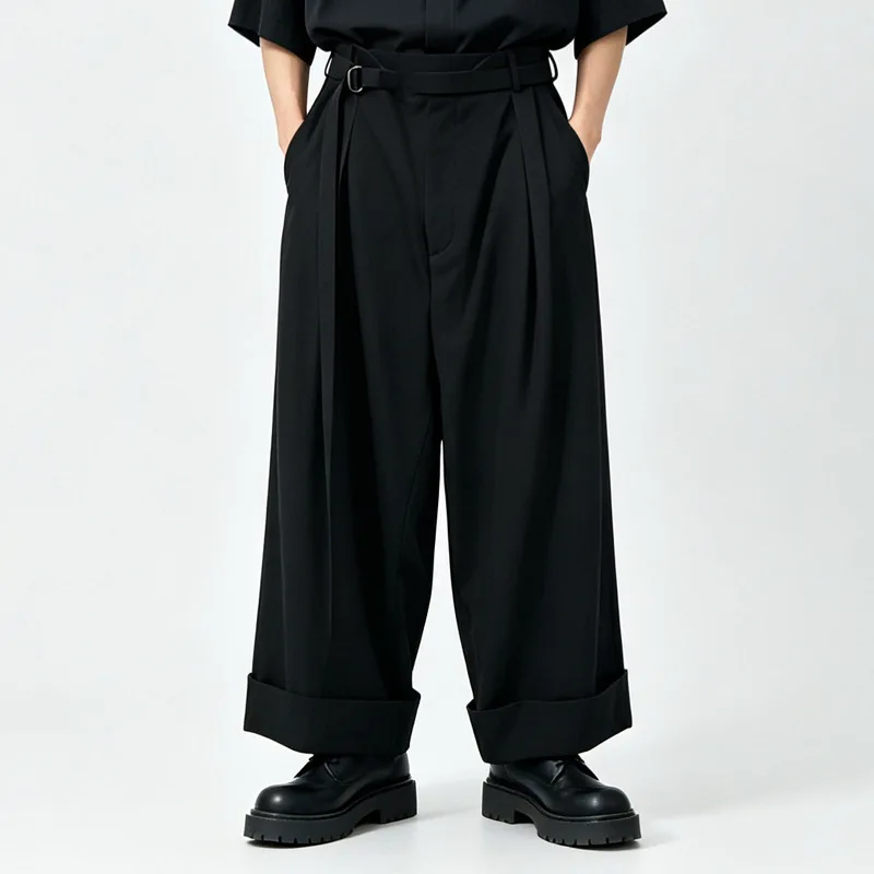 Men'S Casual Loose Wide-Leg Pants, Dark High-Waisted Straight-Leg Drapey Simple Long Trousers A137