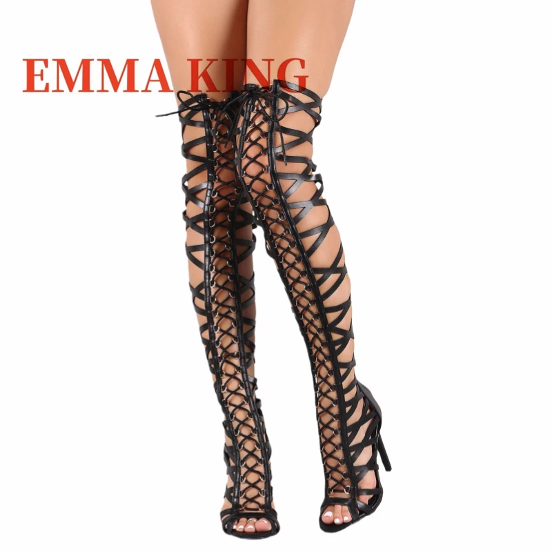 2025 عبر تعادل فوق الركبة صنادل طراز جلاديتور طويلة للنساء أحذية الصيف المفتوحة تو انقطاع مثير عالية الكعب أحذية صناديل للنساء