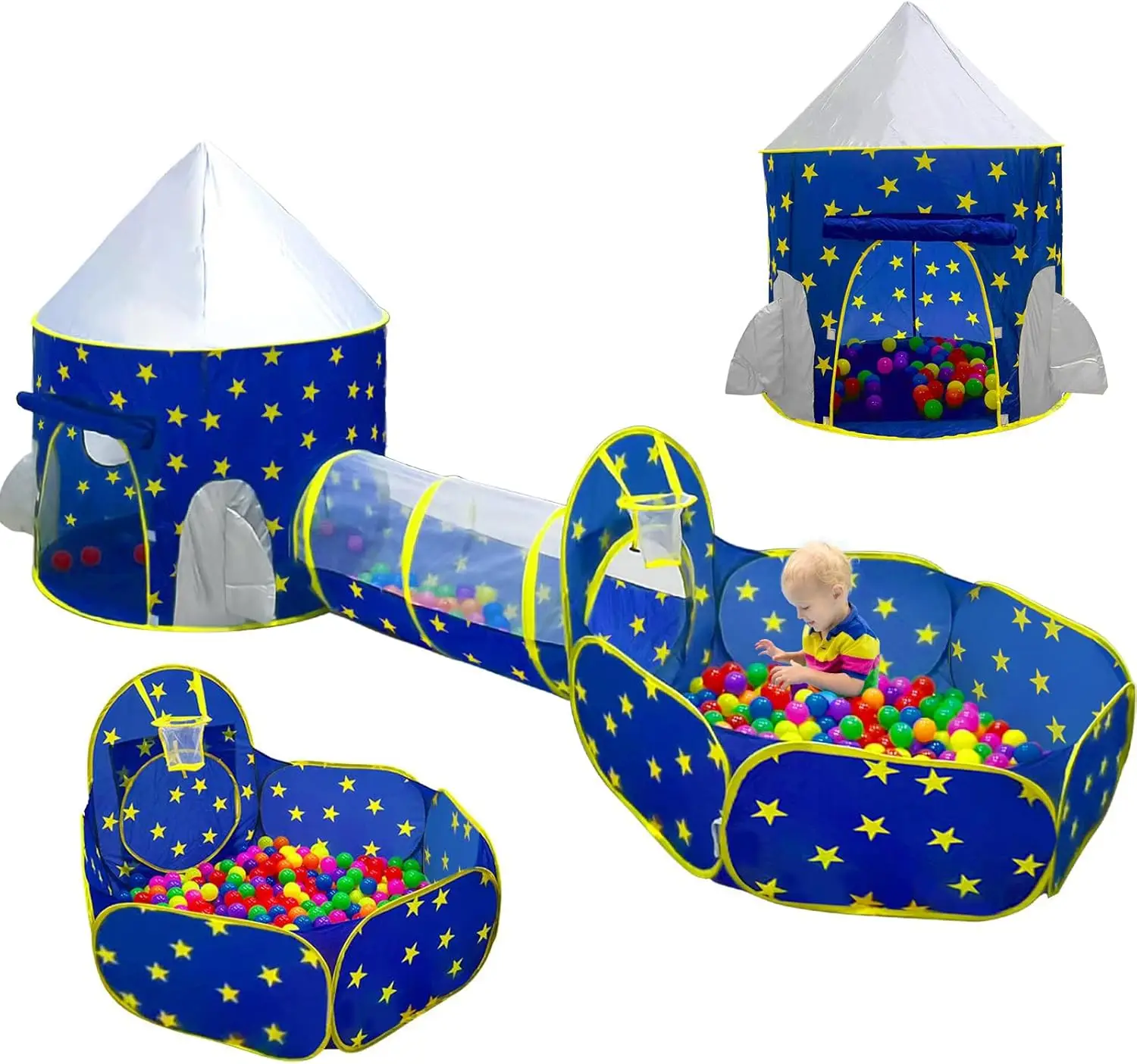 3-teiliges Kinderspielzelt für Jungen mit Bällebad, Krabbeltunnel, Prinzessinnenzelte für Kleinkinder, Baby Space World Spielhausspielzeug, Jungen Indo