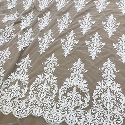 Tela de encaje blanco, bordado de cuentas de lentejuelas, vestido de noche de boda, telas de ropa de moda