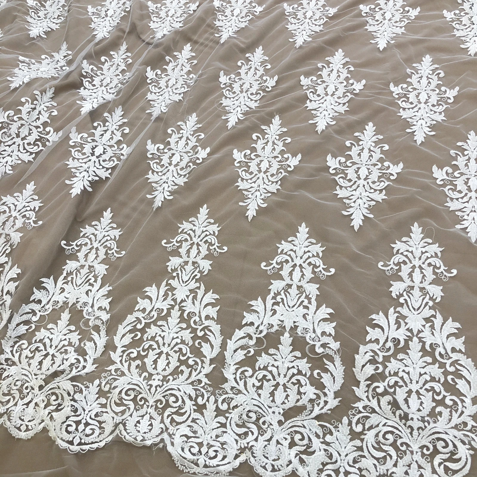 Off White Lace Fabric Sequin Beads Embroidery Wedding Evening Dress Fashion Clothing Fabrics