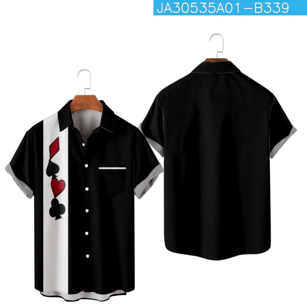 2023 camicia da uomo Poker Card stampata Casual camicia aderente a maniche corte Top in bianco e nero