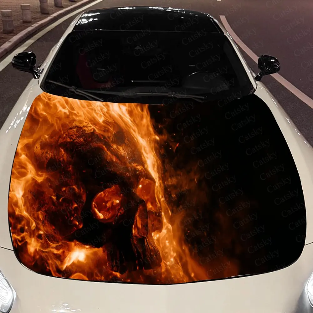

Vibrant Fiery Skull Auto Cover Sticker, Waterproof and Self-adhesive Auto Hood Decal, Auto Vinyl Wraps, Cool Car Exterior Decal,