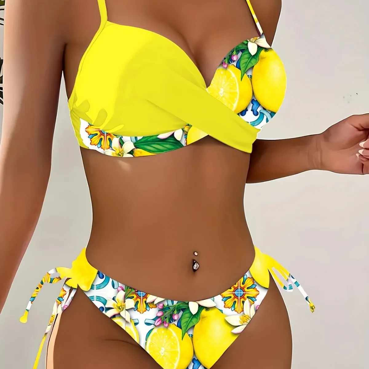 Women V Neck Yellow Lemon Print Bikini Set Women's Sexy Two-Piece Swimwear Summer Citrus Beach Swimsuit Holiday Beachwear Women