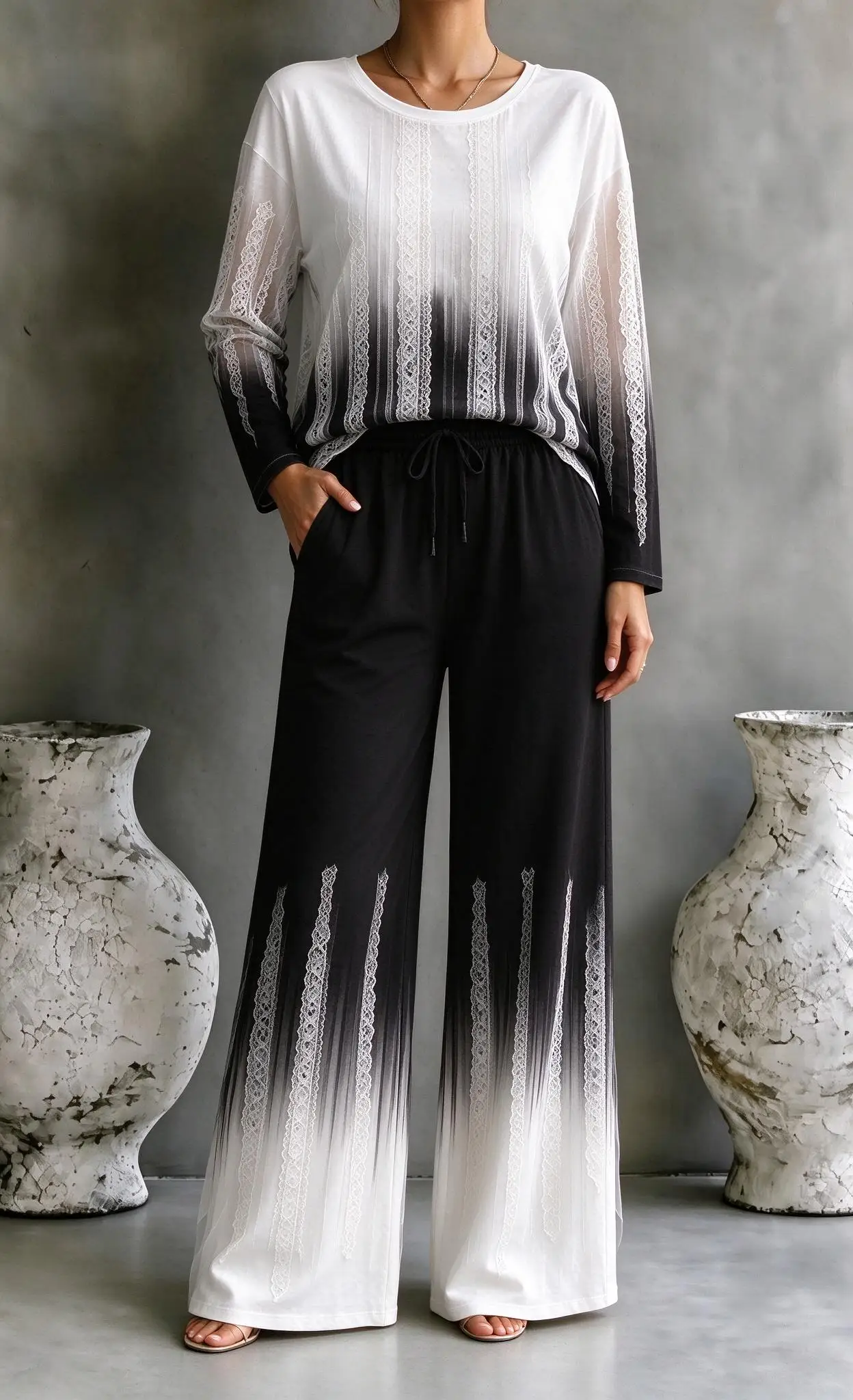 Women Imitation Cotton Loungewear Set Boho Black And White Ombre Gradient Tie Dye Print Long Sleeve Pajamas