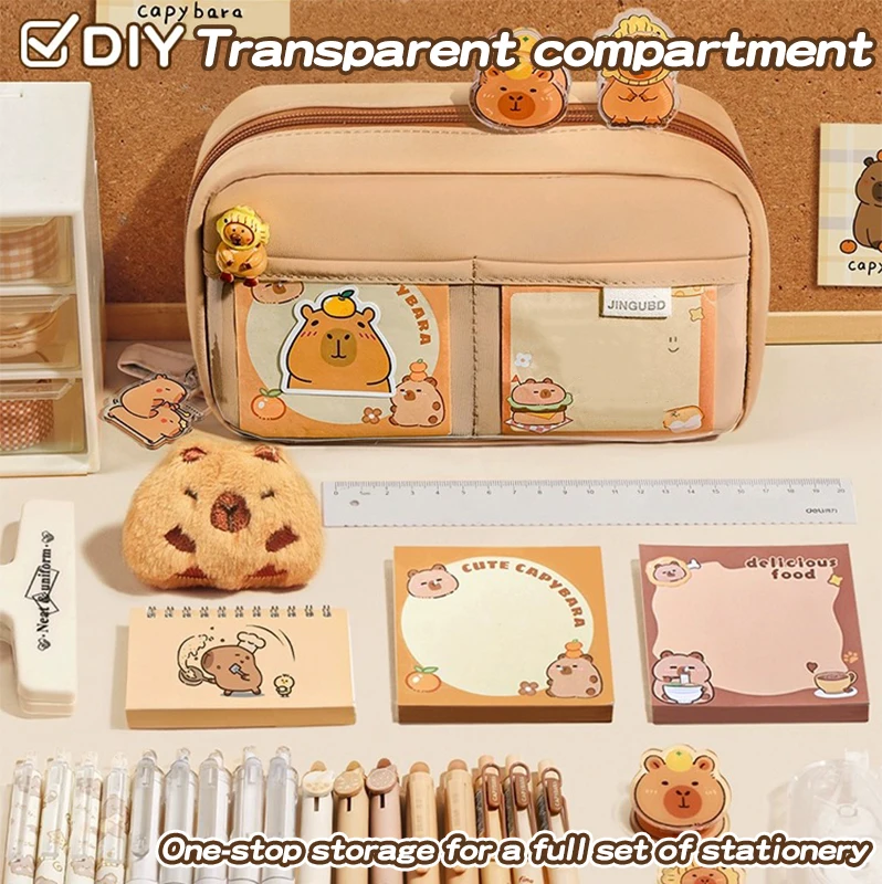 Coffret à crayons capybara 17/31 pièces, sac en toile de grande capacité à 5 couches, sac de rangement multifonctionnel, sac à cosmétiques Portable