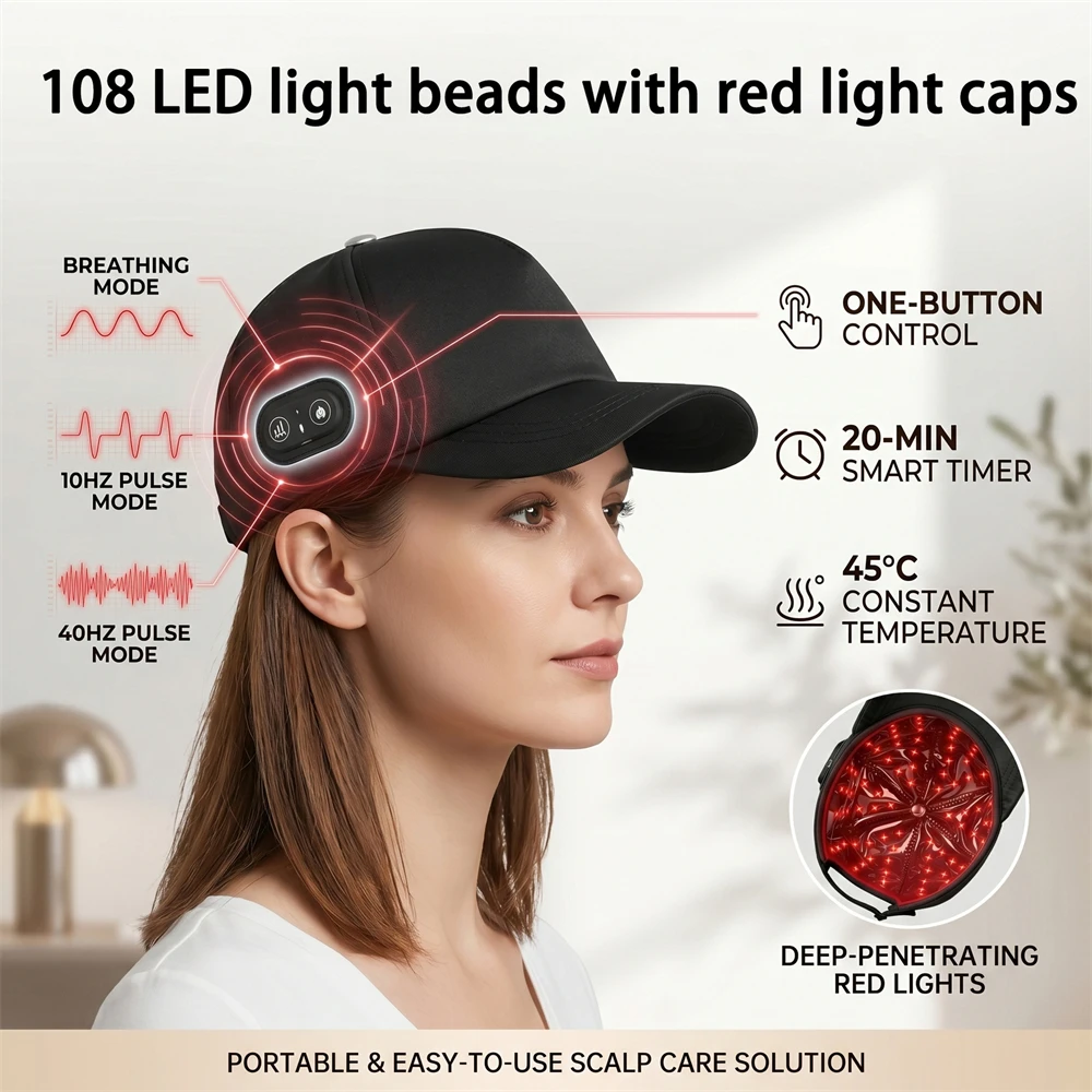 108 LED Red Light Therapy Cap 660nm 850nm Near Infrared Wireless Rechargeable 2000mAh Adjustable Baseball Hat