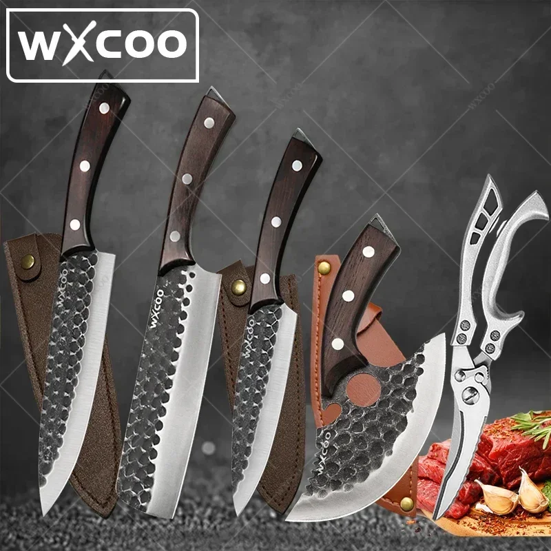 Forged Kitchen Scissors Chef Knife Set High Carbon Steel Meat Fish Fruit Cheese Knives Butcher Cleaver Boning Knife with Cover