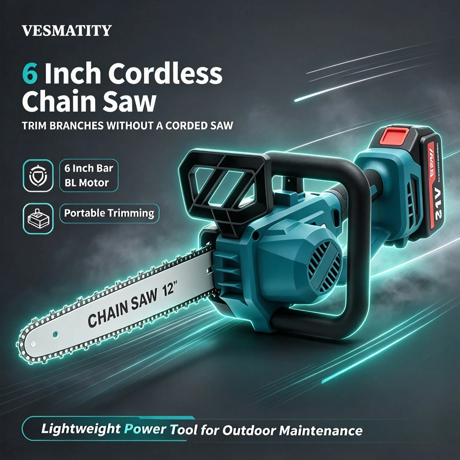 Vesmatity Brushless 12 Inch Woodworking Chainsaw 6600W 18V Battery Auto Oiler Cordless Electric Saw Garden Tree Pruning Cutting