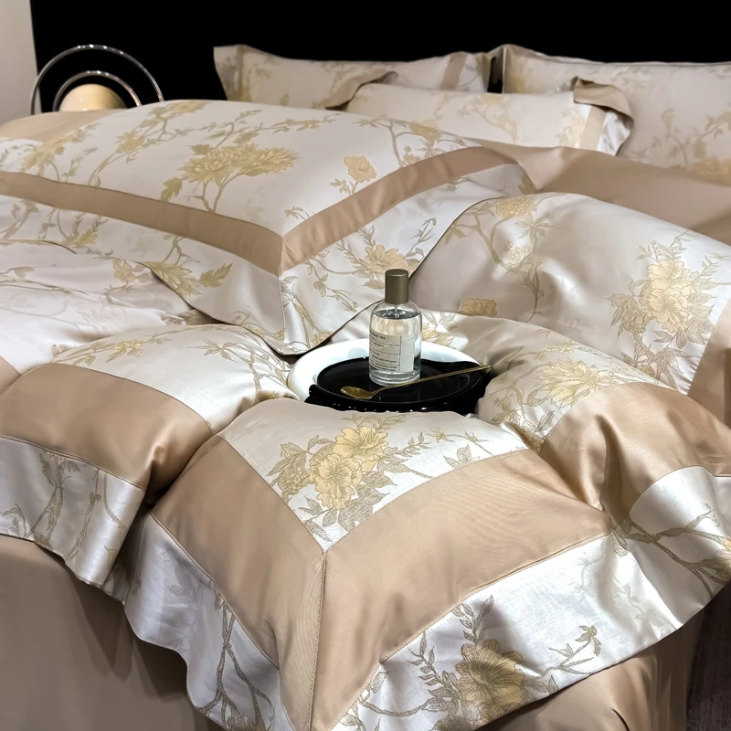 1000TC Lyocell Cotton Jacquard Patchwork European Luxury Bedding Set Silky Duvet Cover Flat/Fitted Bed Sheet Pillowcases 4Pcs