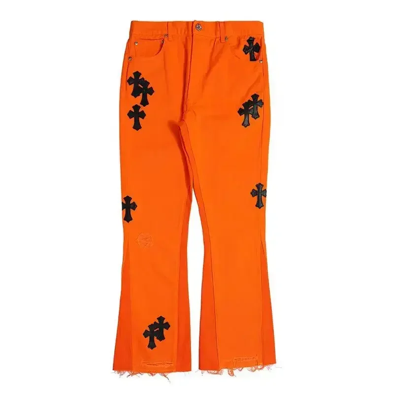 

Autumn and winter 2020 new cross embroidered silver button orange jeans flared pants