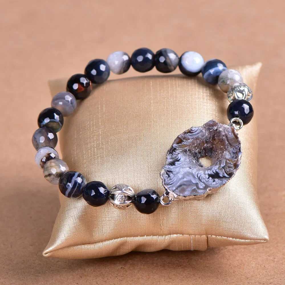 Handmade Natural Druzy Slice Bracelet with Onyx Beads Bohemian Women's Jewelry