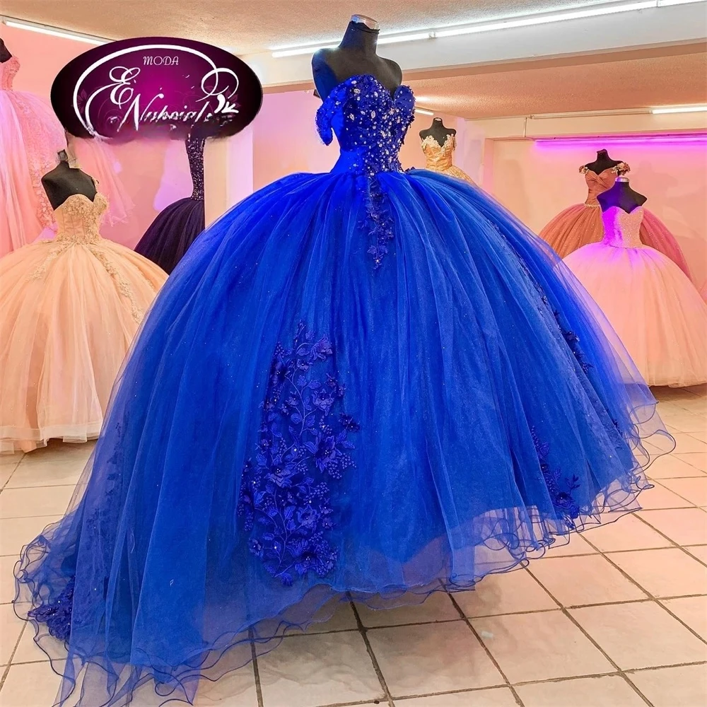 Royal Blue Princess Quinceanera Dresses Ball Gown Off The Shoulder Appliques Beaded Sweet 16 Dresses 15 Años Mexican