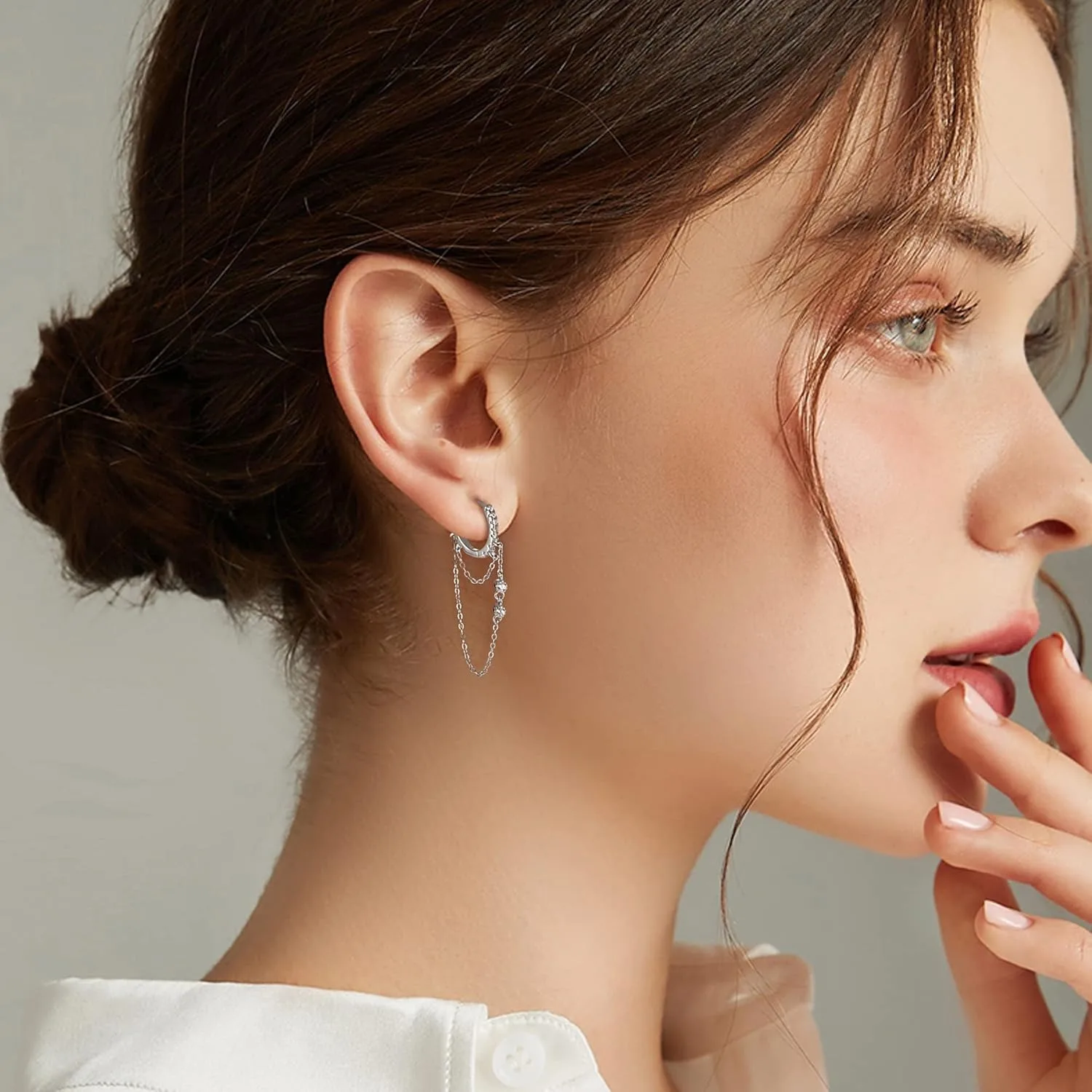 Fansilver Sterling Silver 925 Tassel Chain Dangle Small Hoop Earrings for Women Huggie Silver Threader Tassel Drop Earrings